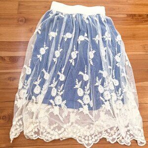 Women Mint Green Lace Floral Midi A Line Skirts in Blue White Size Small